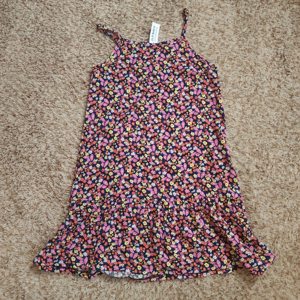 Old Navy Floral Swing Dress Girls XL 14-16 Navy Pink Ruffle Tiered Sleeveless